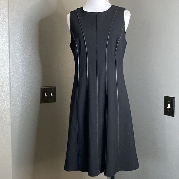 CALVIN KLEIN Womens Sleeveless Dress Fit and Flair with Black Faux Leather Trim - Picture 3 of 11